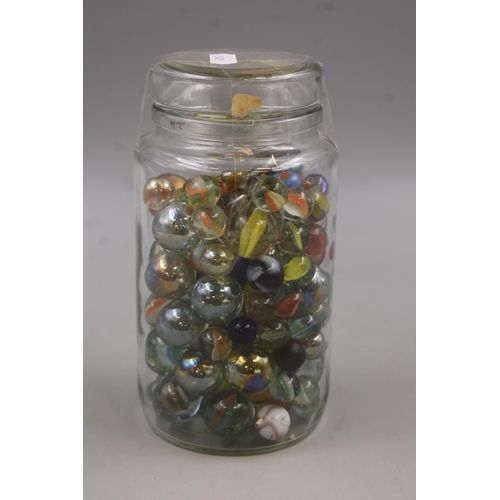 604 - Vintage Blue Glass Flask and a Jar of Old Marbles