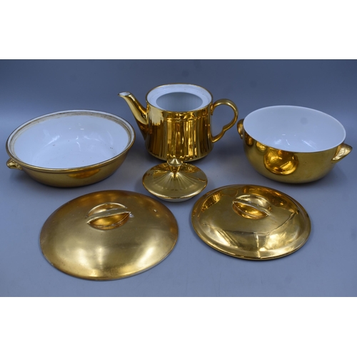 643 - Royal Worcester Gold Part Set Includes Teapot, Tureens and Other