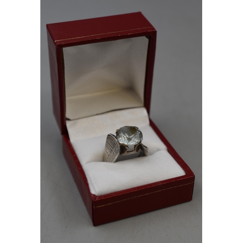 57 - Hallmarked Sheffield Silver Large Stoned Ring (Size N) Complete with Presentation Box