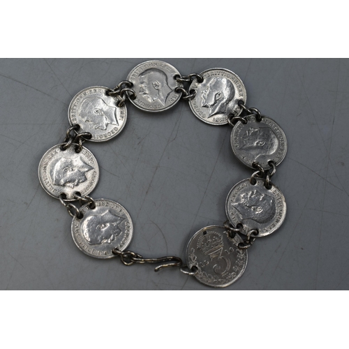 63 - Silver George V Three pence Coin Bracelet