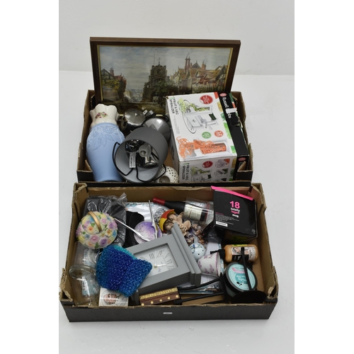 689 - Two Mixed Boxes Of Items, To Include Lamp, Coffee Set, Framed Print, Clock and More.