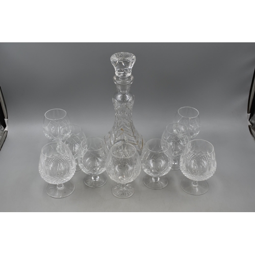 696 - Large Vintage Cut Glass Decanter and a mixture of Nine Cut Glass Brandy Glasses