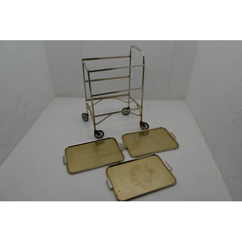 699 - Vintage 1970's Three Tier Serving Trolley with removable Aluminium Trays on Castors