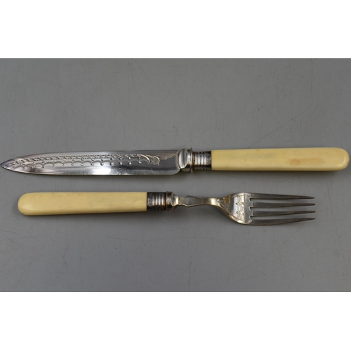 26 - Hallmarked Sheffield Silver Banded Knife and Fork Set complete with Velvet Lined Wooden Display Case