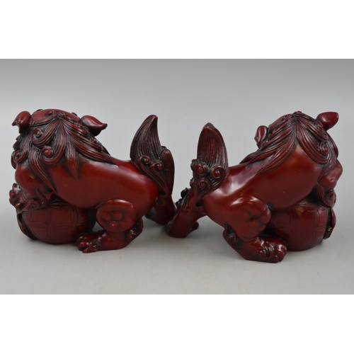 103 - Two LARGE Heavy Red Resin Angry Foo Dog Statues lots of Detail in these