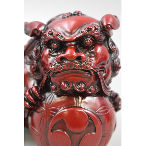 103 - Two LARGE Heavy Red Resin Angry Foo Dog Statues lots of Detail in these