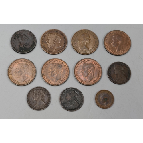 129 - A Selection of Vintage Copper Coinage. Includes 1918 KN Coin, Three Victorian Half Pennies, George I... 