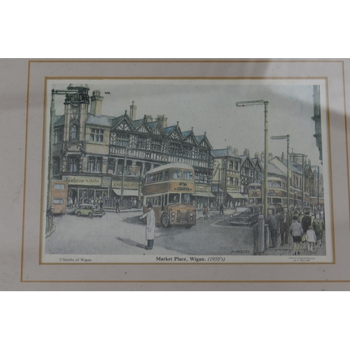 629 - Selection of 7 Framed and Glazed Prints including Wigan Street Scenes, On The River, The Fishing Bea... 