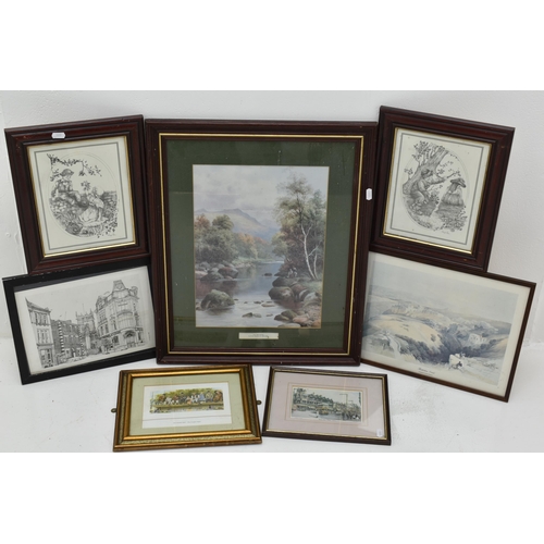 629 - Selection of 7 Framed and Glazed Prints including Wigan Street Scenes, On The River, The Fishing Bea... 