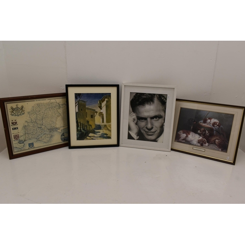 632 - Four Framed and Glazed Pictures and Prints. Includes Hampshire Map, Frank Sinatra, George Armfield a... 