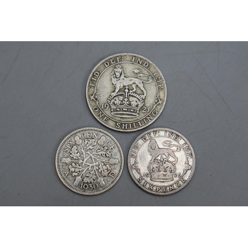 156 - George V Silver 1921 Shilling, 1926 Sixpence and 1930 Sixpence