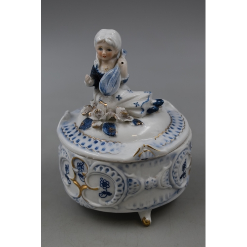 193 - Blue & White Ceramic Lidded Girl themed Trinket Dish. AF.