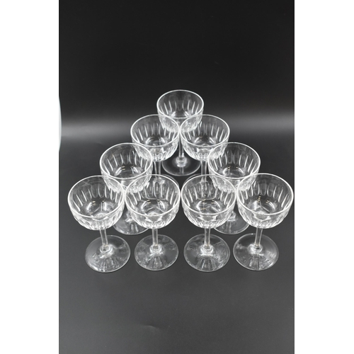 245 - Set of Four Etched Champagne Glasses, and 9 Sherry Glasses