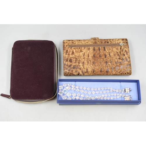 385 - Mixed Tray to include Vintage Aurora Borealis Necklace, Snake Skin Purse and Designer Purse