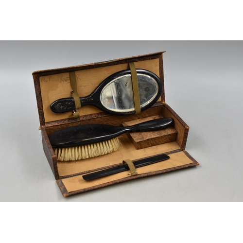 451 - Vintage Ebony Wood Grooming Kit in Leather Case