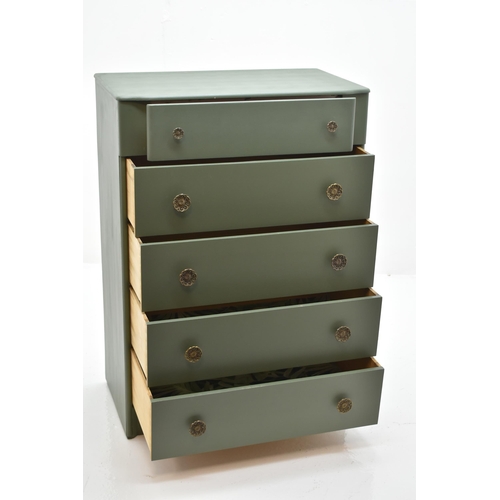 542 - A Wooden Chest of Five Drawers, upcycled Green With Brass Handles and Lined Drawers. Approx 42.5