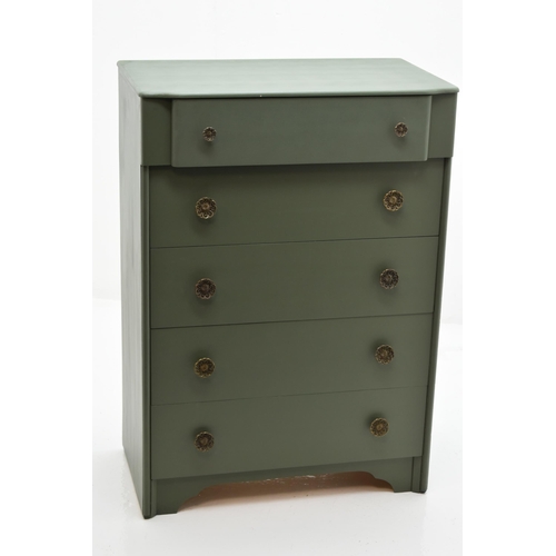 542 - A Wooden Chest of Five Drawers, upcycled Green With Brass Handles and Lined Drawers. Approx 42.5