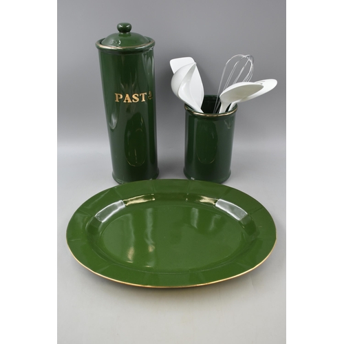 666 - Emerald Forrest Collection Serving Platter, Utensil Set and Pasta Jar