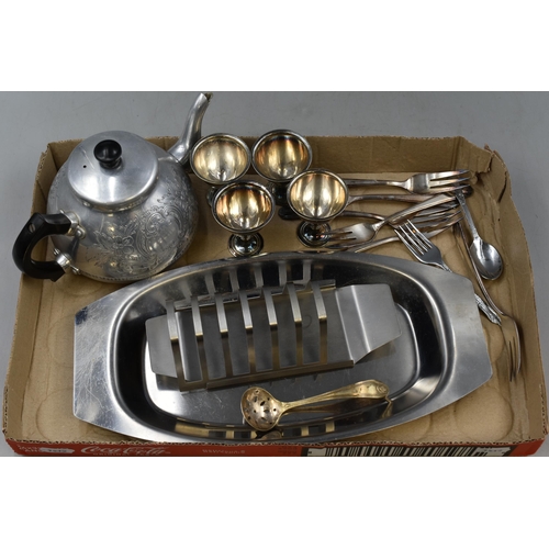 677 - Selection of Plated Ware including Toast Rack, Tray, Apostle Spoons, Teapot and More