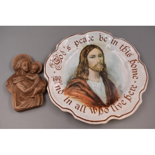 412 - Two Religious Items to include Wooden Hand Carved Statue and Ceramic Effect plate 11