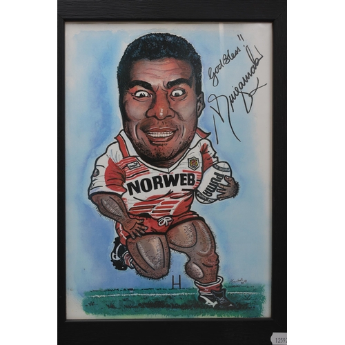 448 - Three Signed Meadows Wigan Rugby League Caricatures in Framed and Glazed Mounts (13