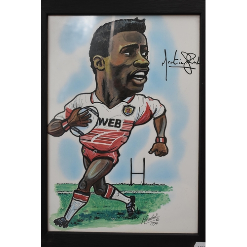 448 - Three Signed Meadows Wigan Rugby League Caricatures in Framed and Glazed Mounts (13