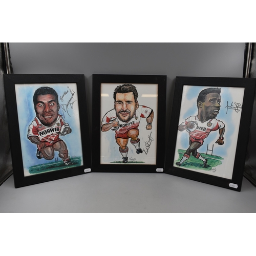 448 - Three Signed Meadows Wigan Rugby League Caricatures in Framed and Glazed Mounts (13