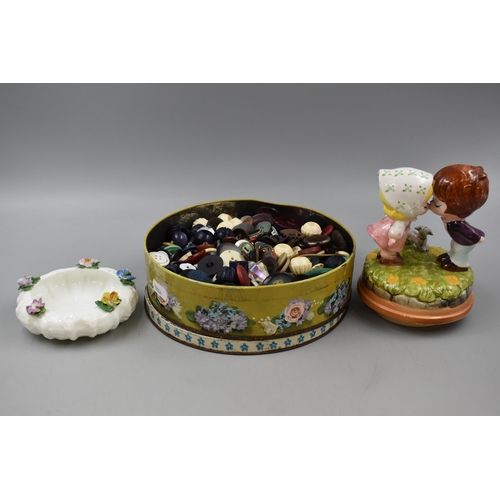 454 - Large Selection of Vintage Buttons, Sankyo Japanese Musical Figurine and a Coalport Trinket Dish