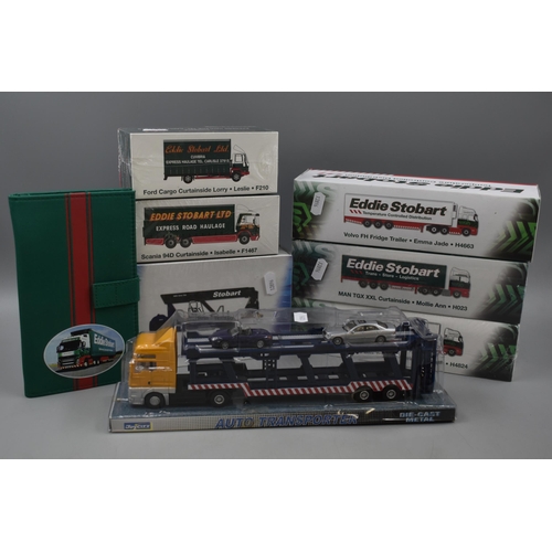 512 - Six Sealed Eddie Stobart Die-Cast Scale Models including Scania, Ford, Konecranes and Volvo with a S... 