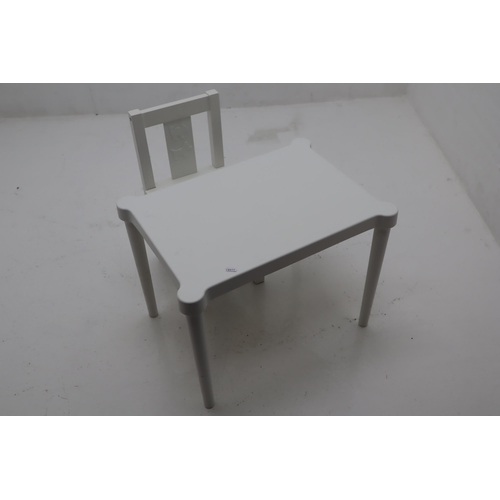 563 - A Child's Table and Chair, In White With Cat and Dog Design on the Chair.