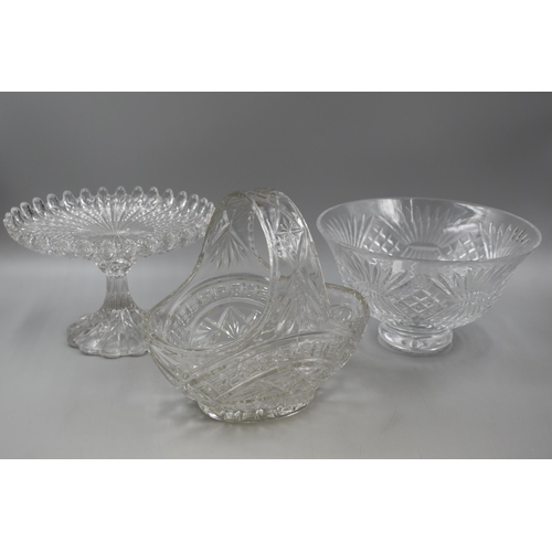 652 - A Selection of Crystal Items To Include Fruit Basket, Punch Bowl and Cake Stand.