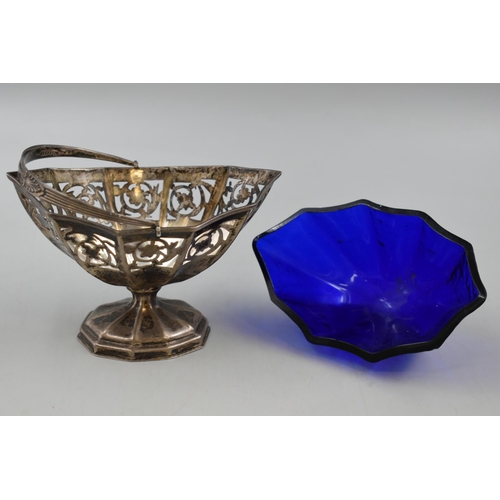 7 - Hallmarked Silver Vintage Basket with Cobalt Blue Glass Bowl