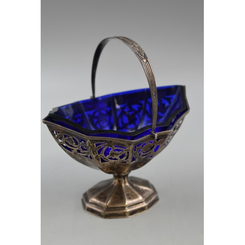 7 - Hallmarked Silver Vintage Basket with Cobalt Blue Glass Bowl