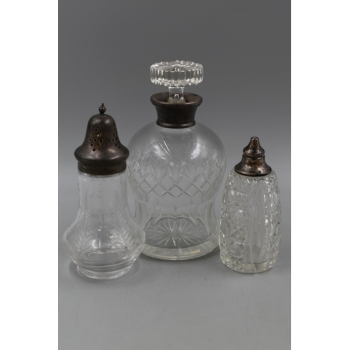 17 - Selection of Vintage Glassware to include Hallmarked Silver Topped Decanter and Salt Shaker