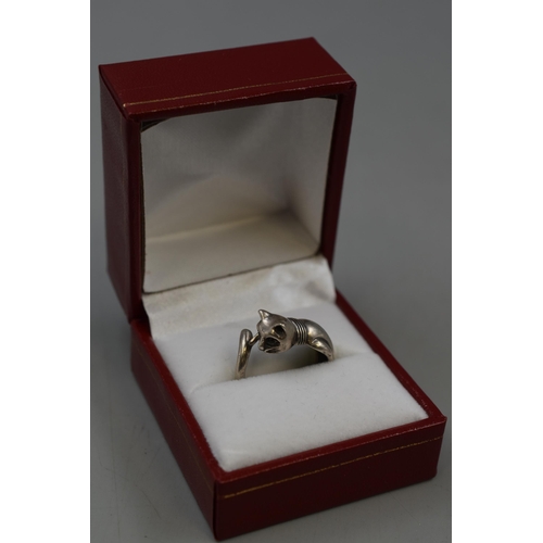 28 - Silver 925 Cat Themed Ring (Size N) Complete with Presentation Box