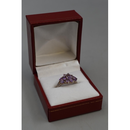 43 - Silver 925 Amethyst Stoned Cluster Ring (Size O) Complete with Presentation Box