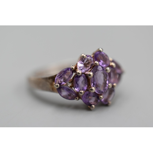 43 - Silver 925 Amethyst Stoned Cluster Ring (Size O) Complete with Presentation Box