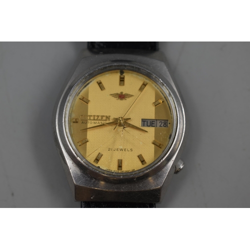 57 - Citizen Eagle 7 Day Date 21 Jewels Gents Watch with Leather Strap (Working / Cracked Glass)