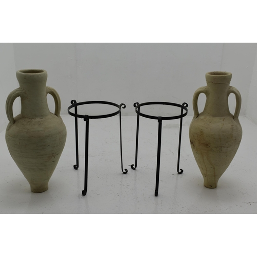 408 - Earthenware style Amphora urns om metal stands ( two of )