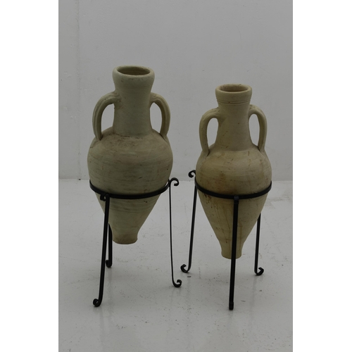 408 - Earthenware style Amphora urns om metal stands ( two of )