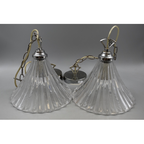 413 - Pair of Italian Style Fluted Crystal Pendant Lights with Polished Chrome Ceiling Plates and Adjustab... 