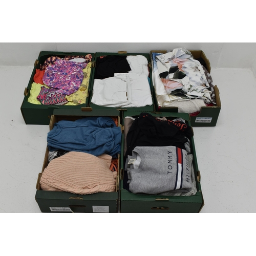 637 - Five Boxes of Assorted Ladies Clothing. Includes Jack Daniels, Pink and More.