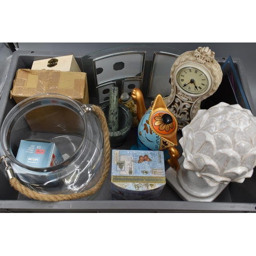 645 - Selection of Teapots, Mantle Clocks, Jewellery Box and More