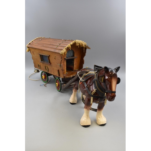 245 - Handmade Gypsy Caravan with Ceramic Shire Horse with Furniture (Total Length 76cm)