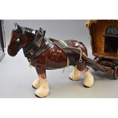 245 - Handmade Gypsy Caravan with Ceramic Shire Horse with Furniture (Total Length 76cm)