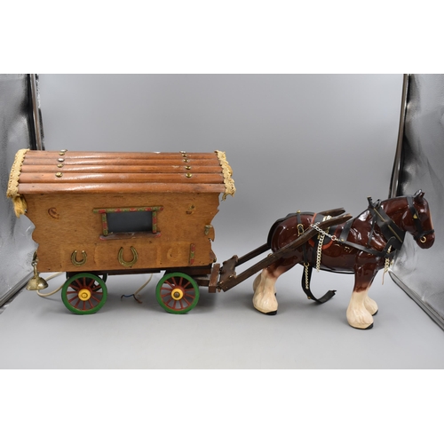 245 - Handmade Gypsy Caravan with Ceramic Shire Horse with Furniture (Total Length 76cm)