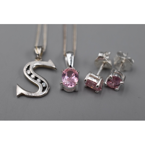 39 - Silver 925 Jewellery items to include 'S' Necklace and Pink Stoned Necklace and Earring Set