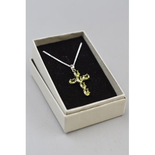 52 - Silver 925 Lime Green Stoned Cross Pendant Necklace