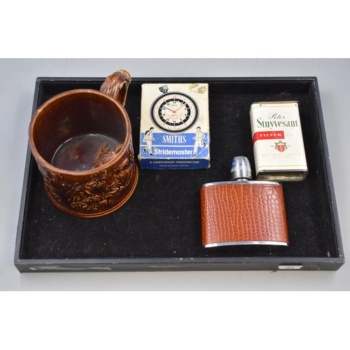 74 - Mixed tray to include hip flask, Stridemaster, Coffee Tin and Other