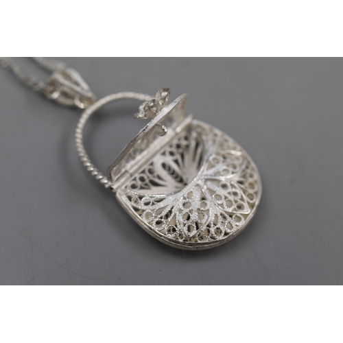 9 - Silver 925 Filigree Handbag Pendant Necklace Complete with Display Case